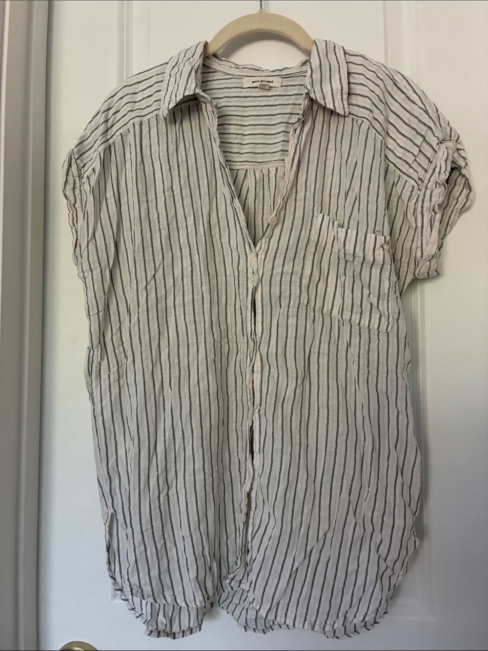 Max Studio White Button-Down Short-Sleeve Shirt with Olive Green Stripes